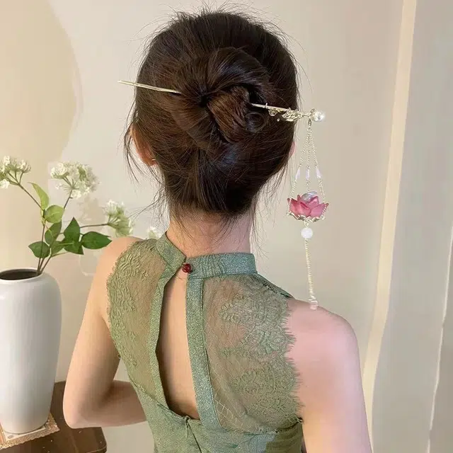 沂茹 新中式荷花流苏发簪古风汉服百搭发钗簪子高级感精致女款发饰配饰头饰