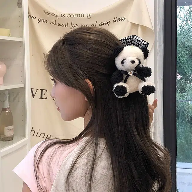 沂茹 可爱精致 气质甜美 熊猫拼千鸟格蝴蝶结 发夹 女款