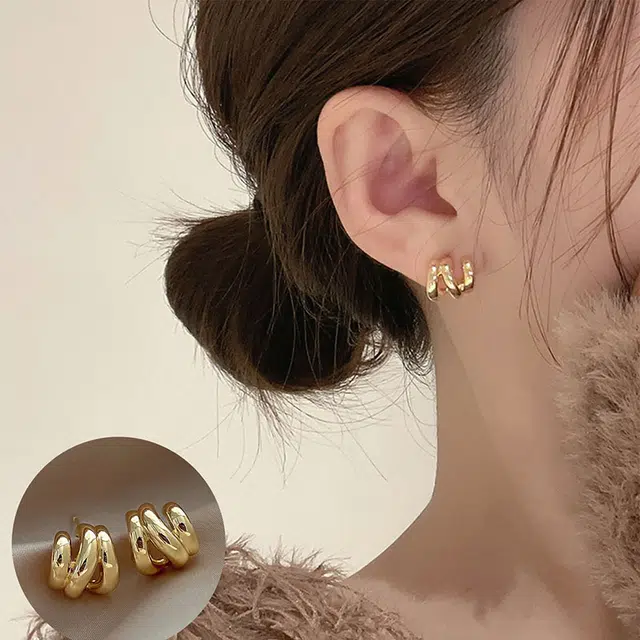 沂茹 欧美风时尚多层金属感耳饰高级感简约百搭洋气时尚 合金电镀 配件首饰耳钉 女款