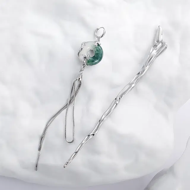 沂茹 新中式森系精致小众设计感平安扣流苏后脑勺盘发简约几何一款两戴 合金 发簪 女款