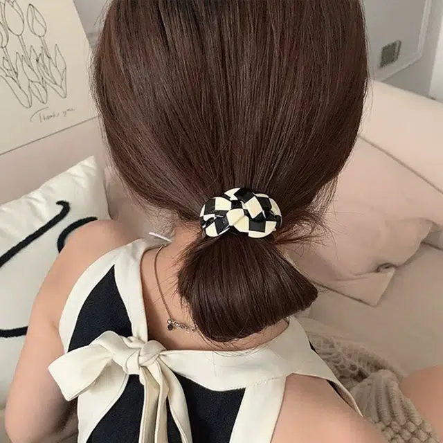 沂茹 黑白格弧形韩式质感气质皮筋扎头女弧形高弹力发绳马尾头绳 发圈 女款