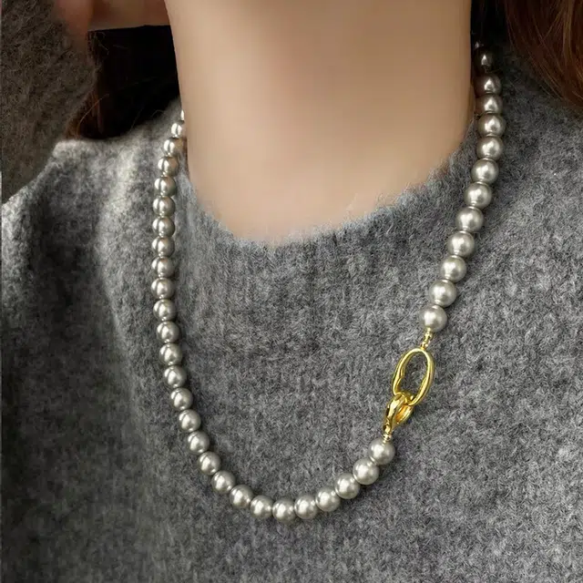 沂茹 高级感优雅轻奢圆珠项链灰色百搭锁骨链法式简约小众颈链女款首饰配饰