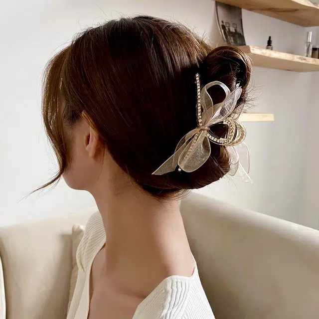 沂茹 气质高级感网纱蝴蝶结抓夹发夹女后脑勺盘发大号鲨鱼夹子发卡头饰