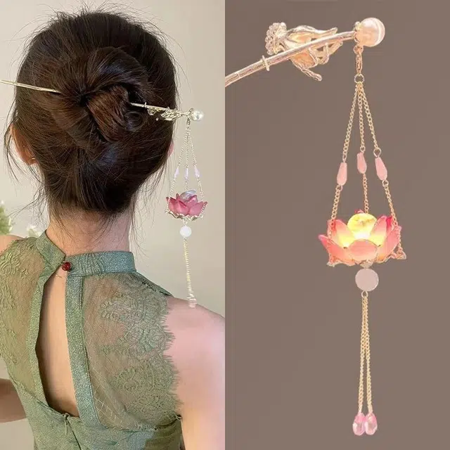 沂茹 新中式荷花流苏发簪古风汉服百搭发钗簪子高级感精致女款发饰配饰头饰
