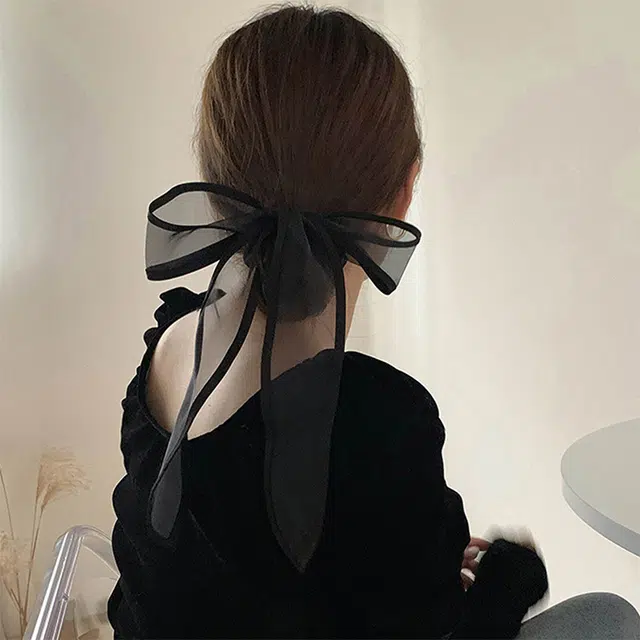 沂茹 精致可爱少女公主优雅精致减龄甜美黑色蝴蝶结网纱飘带发圈 头绳 女款