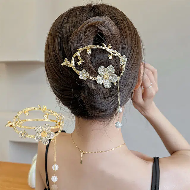 沂茹 镂空盘发发扣满钻花朵流苏后脑勺高级 发夹 女款