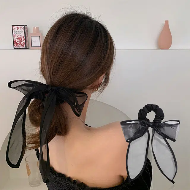沂茹 精致可爱少女公主优雅精致减龄甜美黑色蝴蝶结网纱飘带发圈 头绳 女款