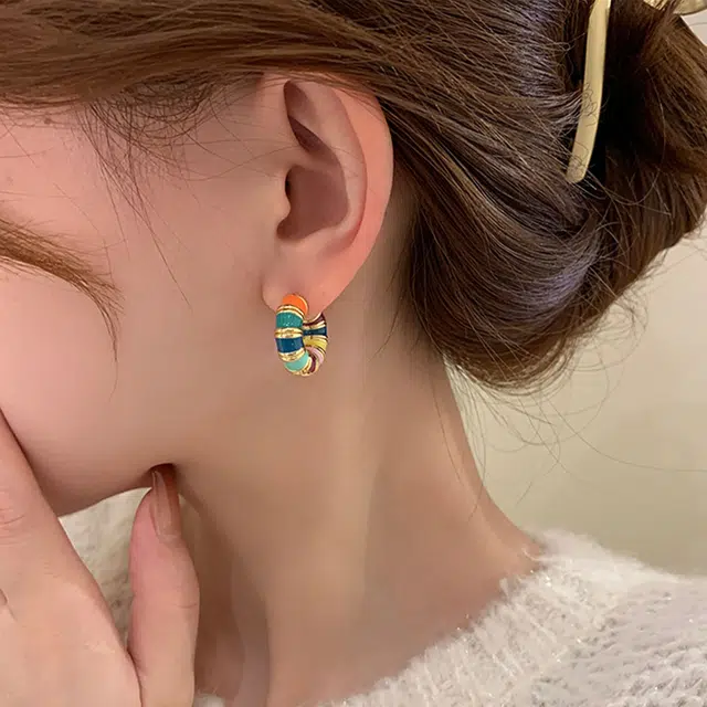 沂茹 森系精致小众设计感文艺甜美优雅气质七彩滴油耳圈耳饰甜酷风个性日常百搭气质首饰配饰 铜电镀 耳环 女款