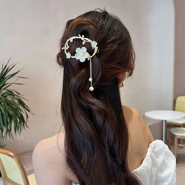 沂茹 镂空盘发发扣满钻花朵流苏后脑勺高级 发夹 女款