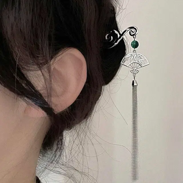 沂茹 古典竹影扇子流苏清冷感祥云竹子金属一字盘 发簪 女款
