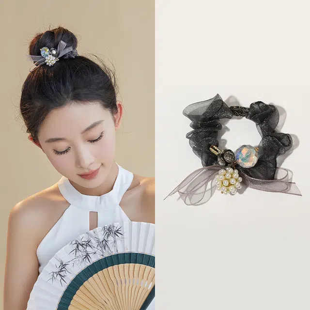 沂茹 时尚森系精致小众设计感灰色网纱珠子水钻球大肠圈日常百搭气质文艺日常通勤甜美优雅 布艺 发圈 女款