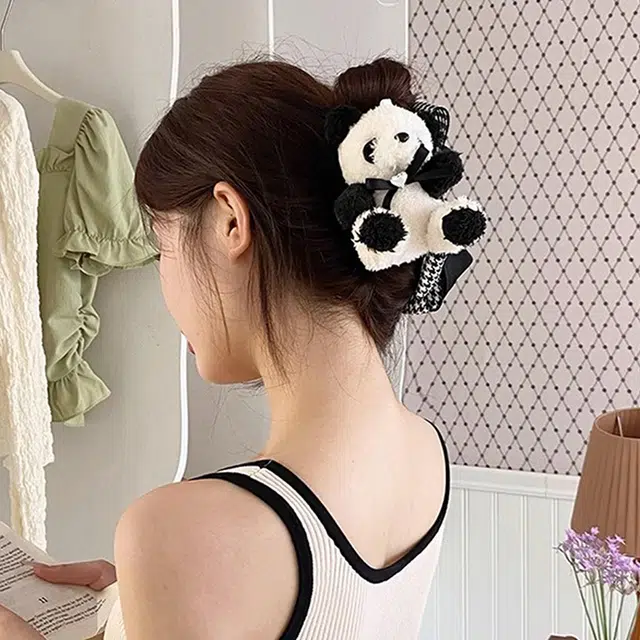 沂茹 可爱精致 气质甜美 熊猫拼千鸟格蝴蝶结 发夹 女款
