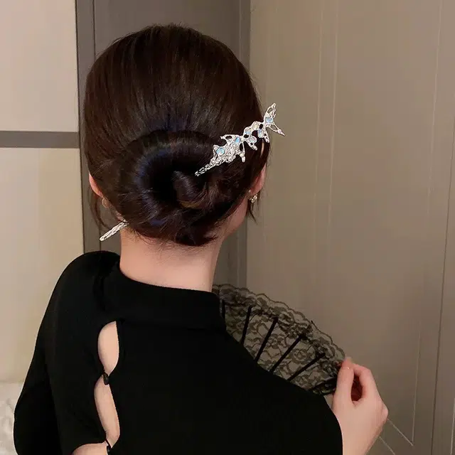 沂茹 新中式森系精致小众设计感熔岩双蝴蝶闪钻气质后脑勺盘发个性甜美日常通勤百搭气质 合金 发簪 女款