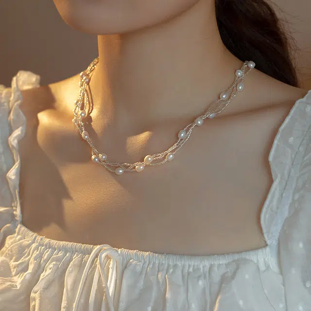 沂茹 法式轻奢淡水珍珠吊坠小众设计多层叠戴锁骨链潮流配饰 串珠 合金 配件首饰项链 女款