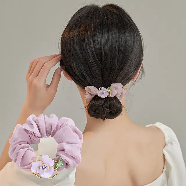 沂茹 氛围感优雅玫瑰花肠圈高弹力马尾丸子头后脑勺挽发造型 发饰发圈皮筋 女款
