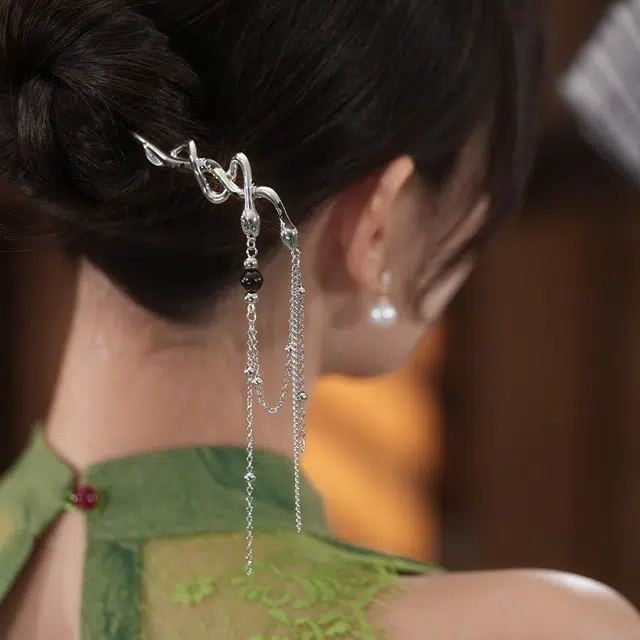 沂茹 新中式灵蛇流苏小众冷淡风双蛇缠绕盘发复古旗袍汉服 发簪 女款