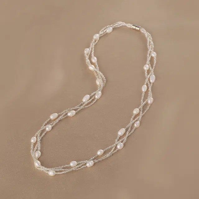 沂茹 法式轻奢淡水珍珠吊坠小众设计多层叠戴锁骨链潮流配饰 串珠 合金 配件首饰项链 女款