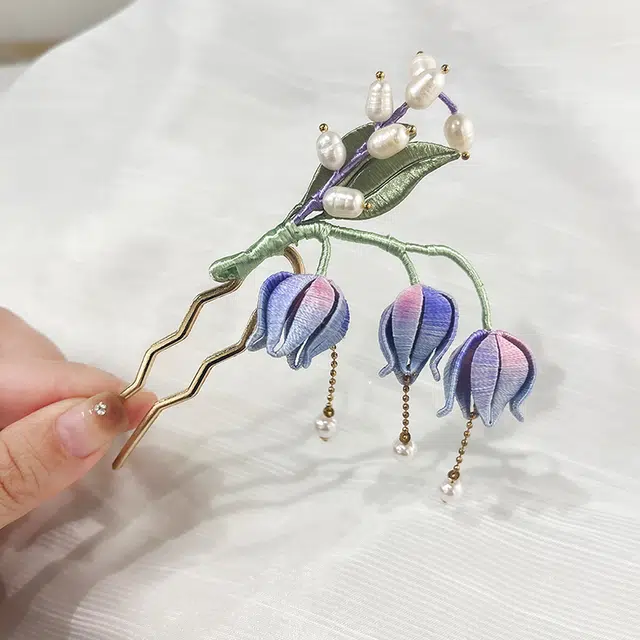 沂茹 古风珠子铃兰缠花发钗古典手工发梳发钗头饰合金绒线人造珠淡水珍珠 配件发饰发簪 女款