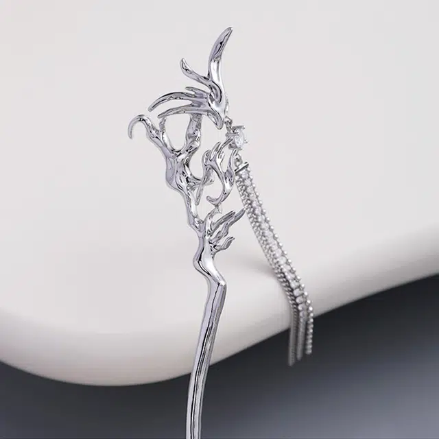 沂茹 时尚森系精致个性小众设计感简约几何液态不规则流苏后脑勺盘发个性甜酷风简约日常百搭气质 合金 发簪 女款