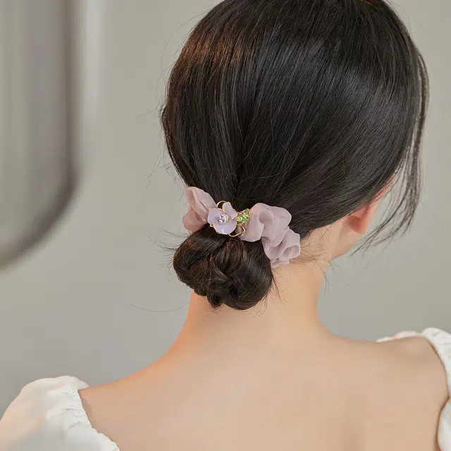 沂茹 氛围感优雅玫瑰花肠圈高弹力马尾丸子头后脑勺挽发造型 发饰发圈皮筋 女款