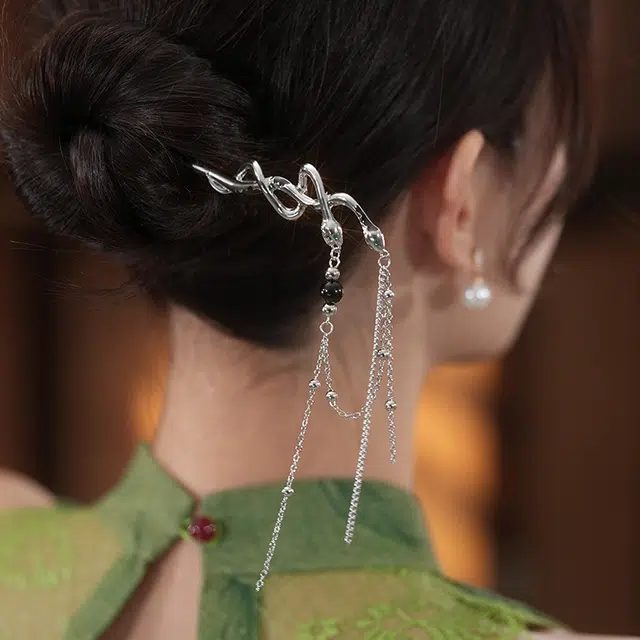 沂茹 新中式灵蛇流苏小众冷淡风双蛇缠绕盘发复古旗袍汉服 发簪 女款