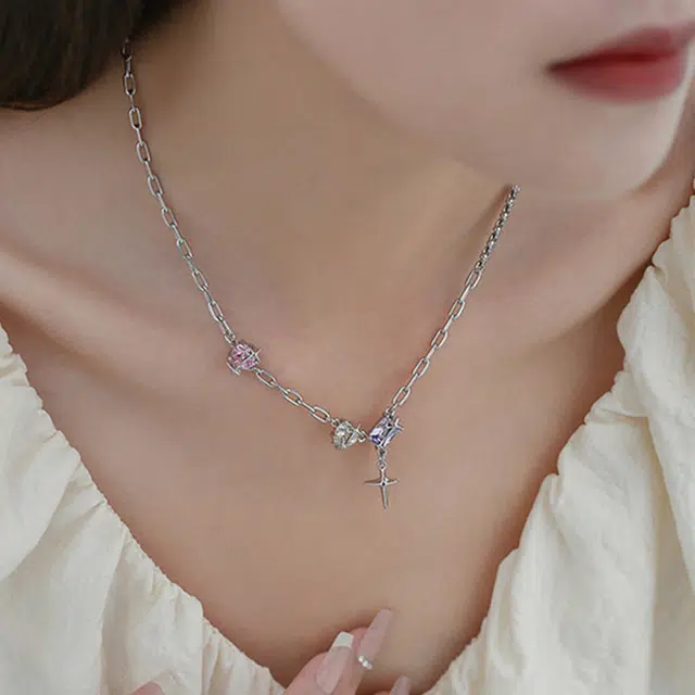 沂茹 精致闪耀简约小众设计气质少女可爱甜美四芒星拼接 合金 项链 女款