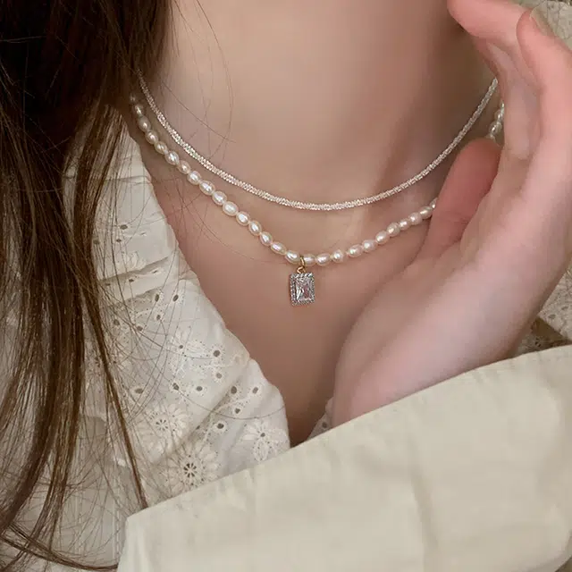 沂茹 简约甜美精致可爱少女气质公主高贵菱形串双层 淡水珍珠 项链 女款