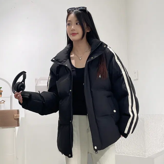 依文 简约字母印花设计感青少年基础款纯色拉链学生党好物中性风小众百搭立领羽绒服 男女同款 黑色