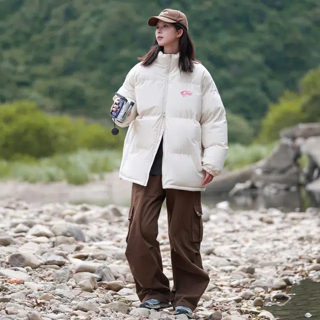 依文 简约高级感休闲百搭立领宽松面包服领口格纹中性风设计感无性别穿搭潮牌保暖廓形小众慵懒风棉服 男女同款