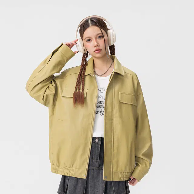 依文 翻领拉链舒适皮衣 男女同款