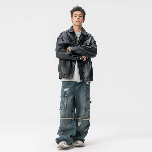 依文 翻领拉链舒适皮衣 男女同款