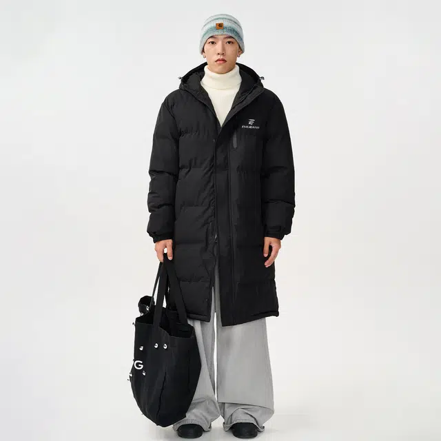 依文 经典连帽中长款过膝面包服休闲百搭中性风简约加厚保暖宽松美式复古高街棉服 男女同款