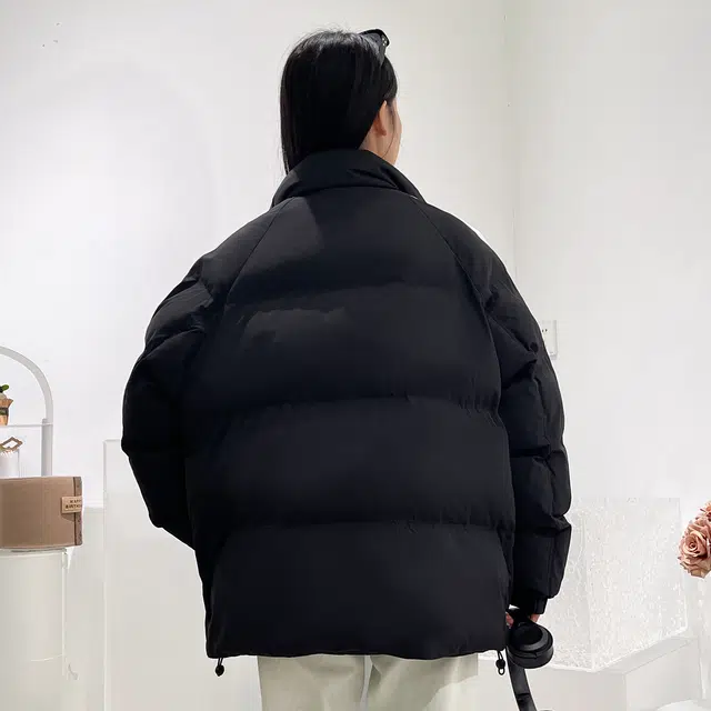 依文 简约字母印花设计感青少年基础款纯色拉链学生党好物中性风小众百搭立领羽绒服 男女同款 黑色