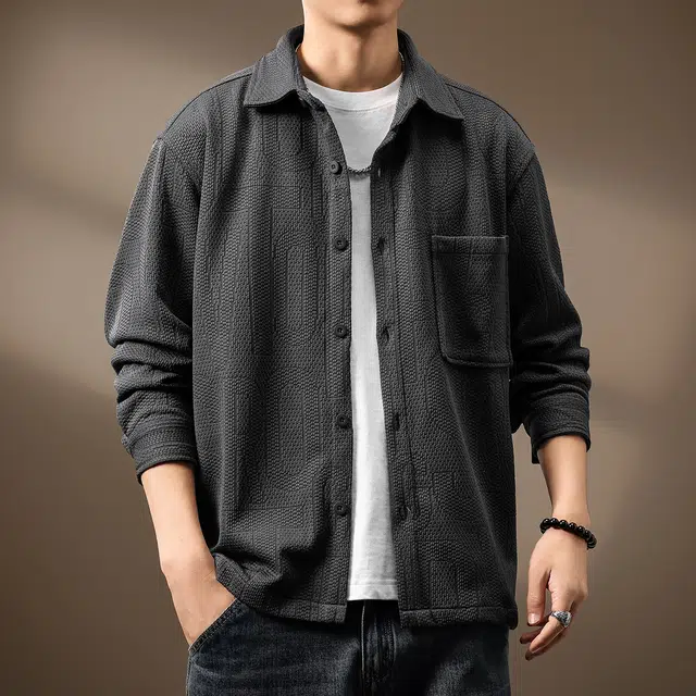 贵色 轻奢多口袋休闲肌理感衬衣高级日系复古华夫格竹节纹针织痞帅风潮长袖衬衫 男女同款