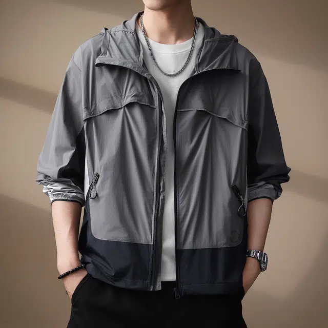 贵色 夏季 高端美式户外出行经典百搭长袖风衣男士青少年学院风撞色拼接口袋休闲连帽外套夹克 宽松 男女同款