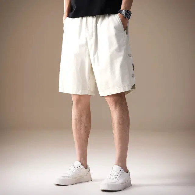 贵色 夏季 时尚高端轻奢撞色拼接侧边纽扣设计感休闲男士潮牌美式复古高街痞帅日常出行穿搭宽松五分裤工装短裤 直筒松紧腰 男女同款