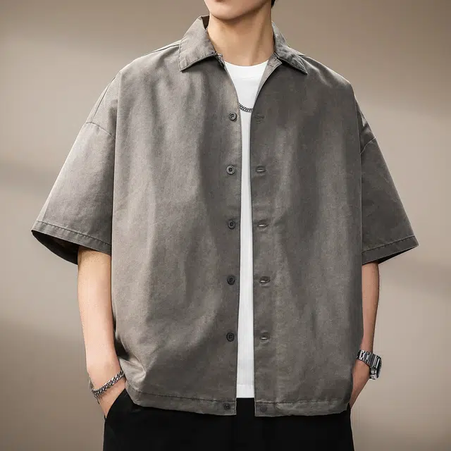 贵色 夏季 日系中性穿搭潮流复古水洗做旧短袖男士时尚纯色简约立体裁剪单排扣设计潮牌翻领休闲半袖衬衣外套衬衫 宽松 男款