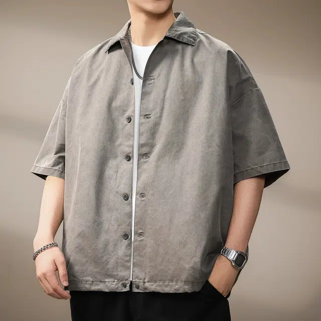贵色 夏季 日系中性穿搭潮流复古水洗做旧短袖男士时尚纯色简约立体裁剪单排扣设计潮牌翻领休闲半袖衬衣外套衬衫 宽松 男款