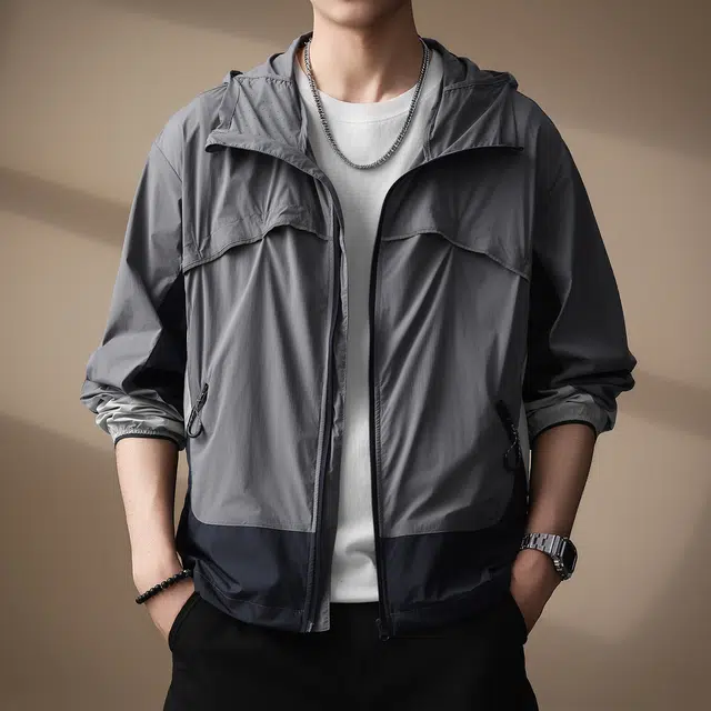 贵色 夏季 高端美式户外出行经典百搭长袖风衣男士青少年学院风撞色拼接口袋休闲连帽外套夹克 宽松 男女同款