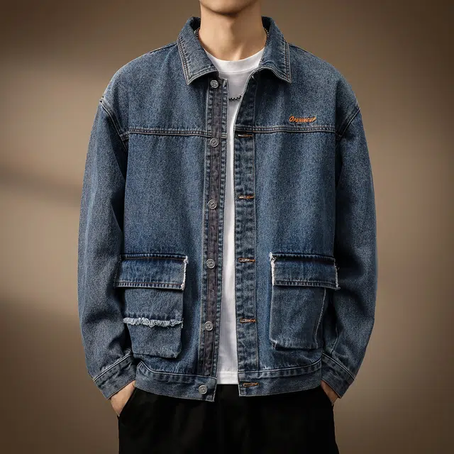 贵色 秋季 美式潮流复古高街痞帅重磅男士潮牌时尚百搭水洗做旧耐磨休闲猎装工装夹克上衣牛仔外套 宽松型 男女同款