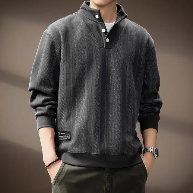 贵色 秋季 日系潮流复古重磅纹理质感立领长袖城市机能风纽扣设计感休闲日系穿搭卫衣 男女同款