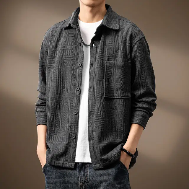 贵色 轻奢多口袋休闲肌理感衬衣高级日系复古华夫格竹节纹针织痞帅风潮长袖衬衫 男女同款