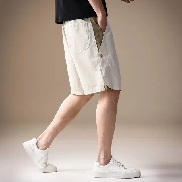 贵色 夏季 时尚高端轻奢撞色拼接侧边纽扣设计感休闲男士潮牌美式复古高街痞帅日常出行穿搭宽松五分裤工装短裤 直筒松紧腰 男女同款