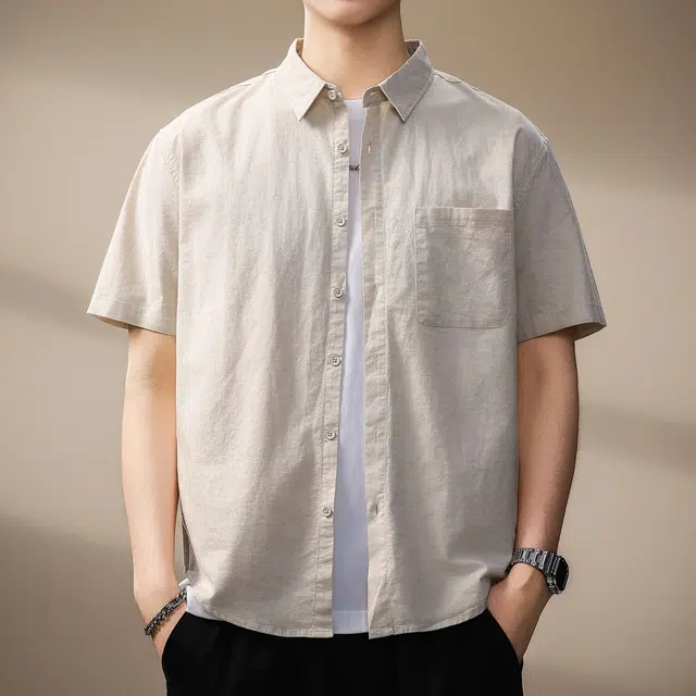 贵色 夏季 美式复古潮流百搭亚麻短袖男士纯色简约拼接设计翻领舒适透气休闲翻领半袖上衣衬衫 宽松 男女同款