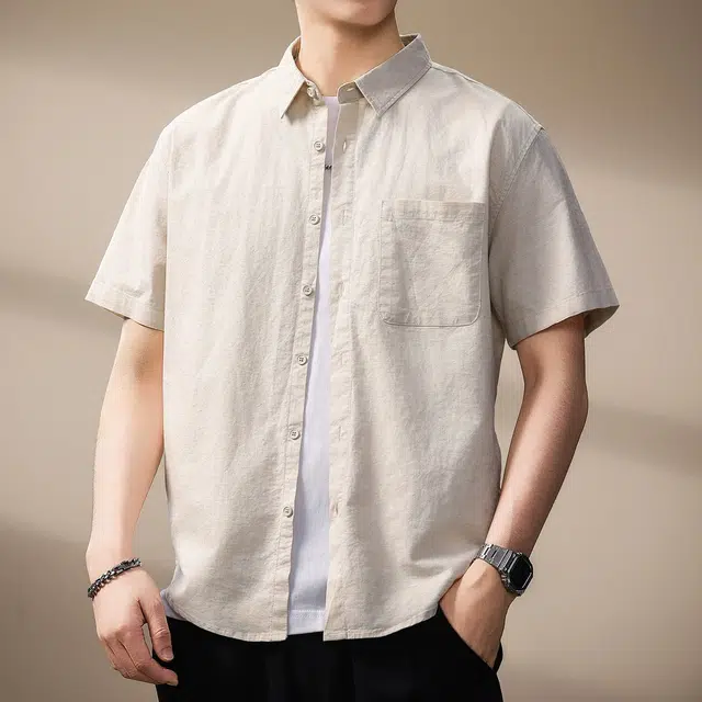 贵色 夏季 美式复古潮流百搭亚麻短袖男士纯色简约拼接设计翻领舒适透气休闲翻领半袖上衣衬衫 宽松 男女同款