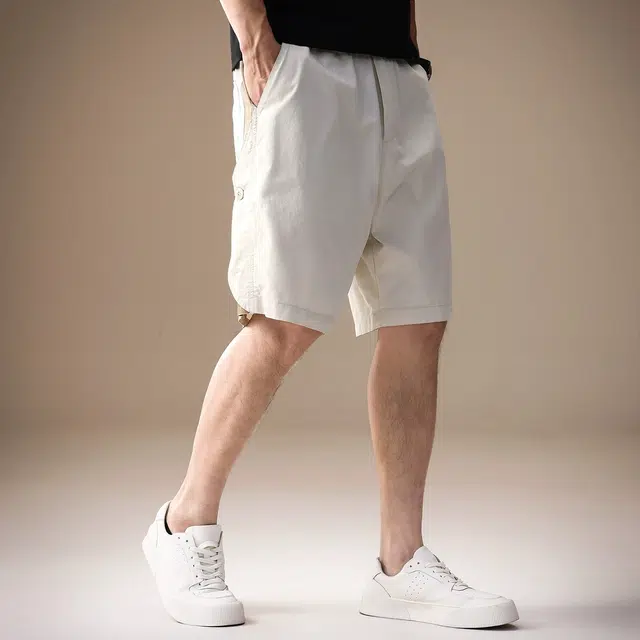 贵色 夏季 时尚高端轻奢撞色拼接侧边纽扣设计感休闲男士潮牌美式复古高街痞帅日常出行穿搭宽松五分裤工装短裤 直筒松紧腰 男女同款