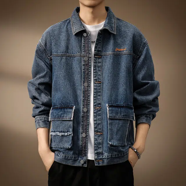 贵色 秋季 美式潮流复古高街痞帅重磅男士潮牌时尚百搭水洗做旧耐磨休闲猎装工装夹克上衣牛仔外套 宽松型 男女同款