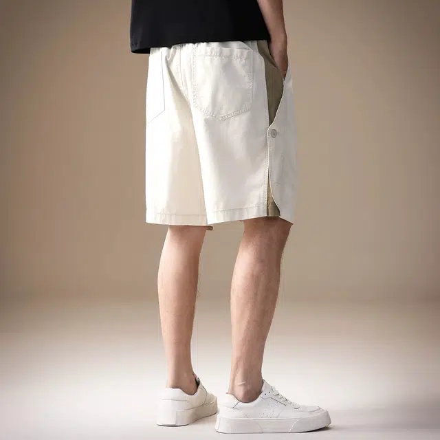 贵色 夏季 时尚高端轻奢撞色拼接侧边纽扣设计感休闲男士潮牌美式复古高街痞帅日常出行穿搭宽松五分裤工装短裤 直筒松紧腰 男女同款