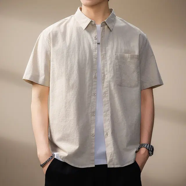 贵色 夏季 美式复古潮流百搭亚麻短袖男士纯色简约拼接设计翻领舒适透气休闲翻领半袖上衣衬衫 宽松 男女同款