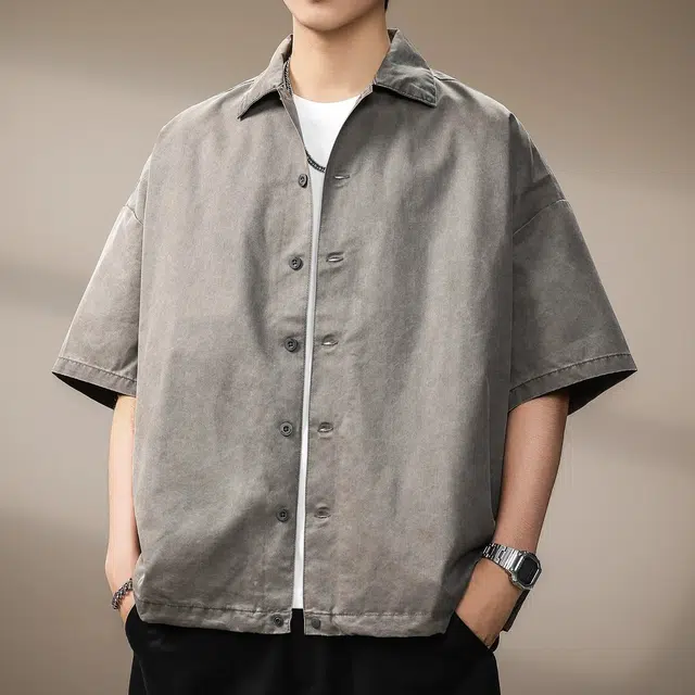 贵色 夏季 日系中性穿搭潮流复古水洗做旧短袖男士时尚纯色简约立体裁剪单排扣设计潮牌翻领休闲半袖衬衣外套衬衫 宽松 男款
